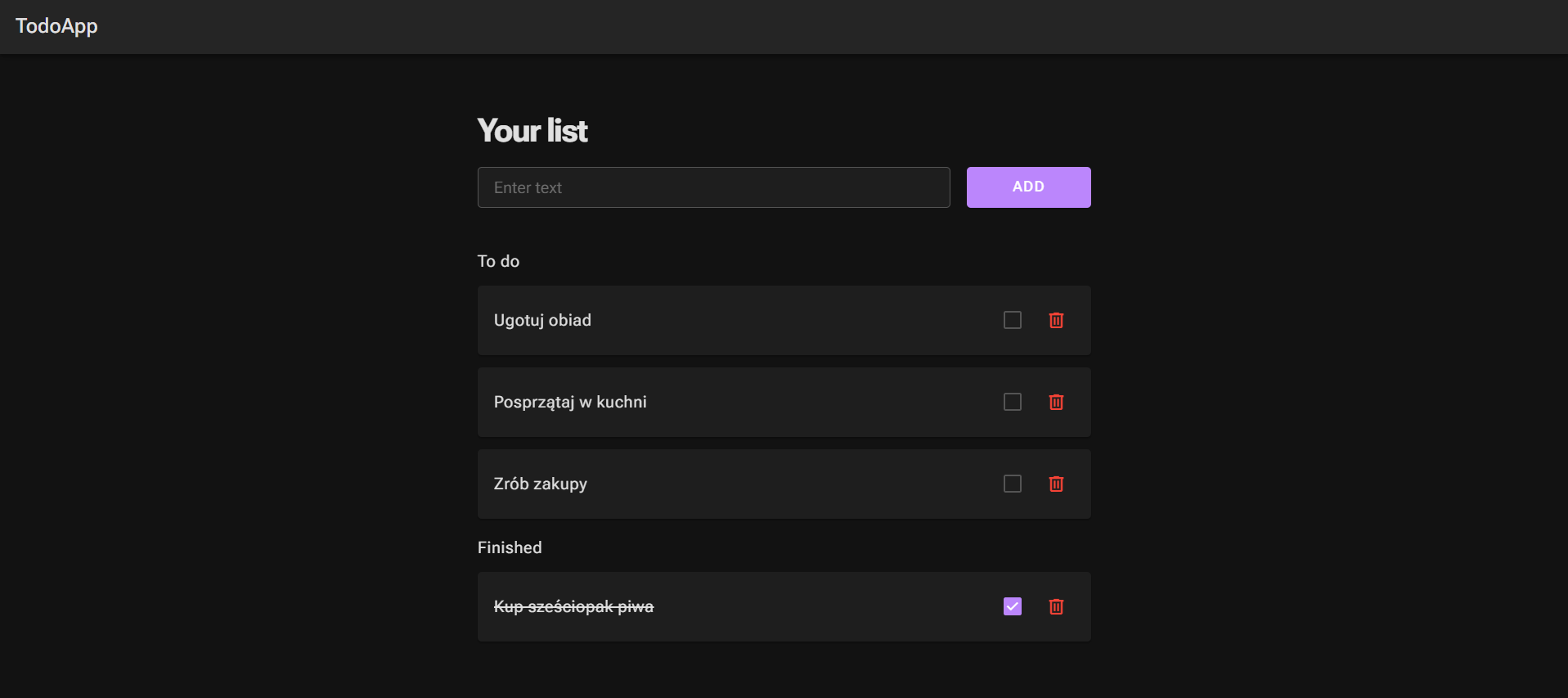 Zdjęcie przedstawia gotową aplikację todo utworzoną w Blazor